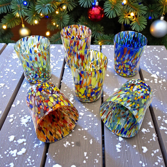 Bicchieri Tumbler Classic in Vetro Soffiati e Lavorati a Mano con Murrine di Murano, linea “I Colori di Murano” 350 ml. Made in Italy
