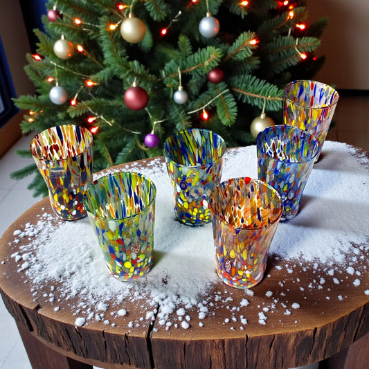 6 Bicchieri da Bibita Classic in Vetro Soffiati e Lavorati a Mano con Murrine di Murano, linea “I Colori di Murano” 390 ml. Made in Italy