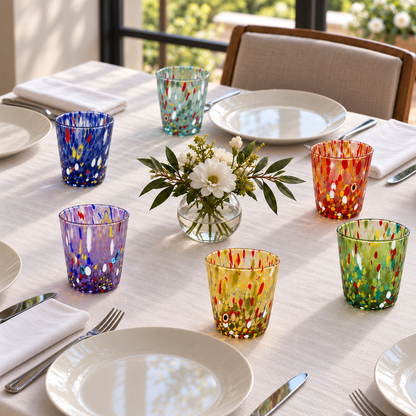 6 Bicchieri Tumbler Colombina in Vetro Soffiati e Lavorati a Mano con Murrine di Murano, linea “I Colori di Murano” 350 ml. Made in Italy
