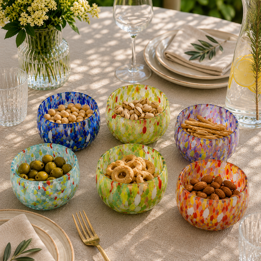 6 Ciotole Colombina in Vetro Soffiate e Lavorate a Mano con Murrine di Murano, linea “I Colori di Murano” Made in Italy