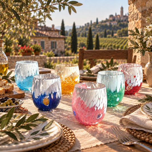 6 Wassergläser Acqua Big Bicolor aus mundgeblasenem und handgefertigtem Glas mit Murano-Murrinen, Linie „I Colori di Murano“ – 435 ml – Made in Italy