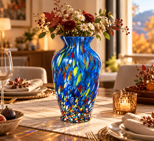 Vaso in Vetro Soffiato stile "CLASSIC" Lavorato a Mano con Murrine di Murano, linea “I Colori di Murano” h. 30 cm. Made in Italy