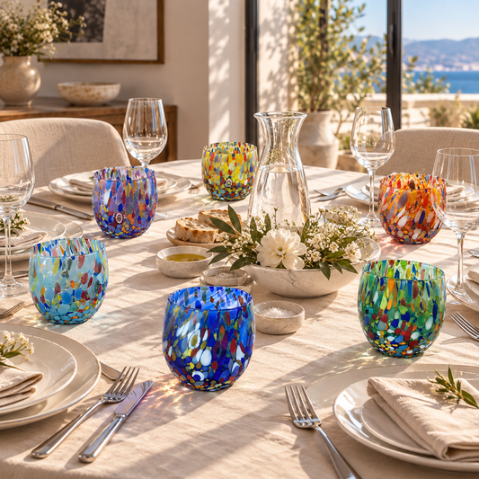 6 Verres à eau Classic en verre soufflé et travaillé à la main avec Murrines de Murano, ligne “I Colori di Murano”, 320 ml. Made in Italy