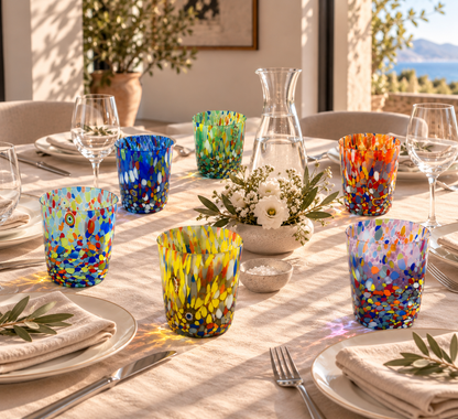Bicchieri Tumbler Classic in Vetro Soffiati e Lavorati a Mano con Murrine di Murano, linea “I Colori di Murano” 350 ml. Made in Italy