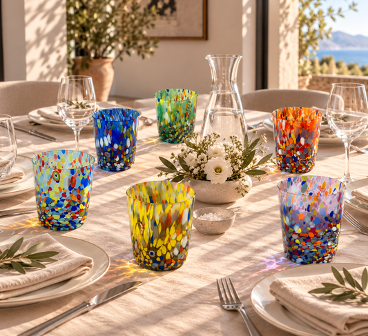 Verres Tumbler Classic en verre soufflé et travaillé à la main avec Murrines de Murano, ligne “I Colori di Murano”, 350 ml. Made in Italy