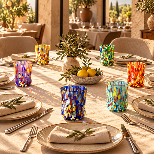 Verres cylindriques Classic en verre soufflé et travaillé à la main avec des murrines de Murano, ligne « I Colori di Murano » 400 ml. Fabriqué en Italie