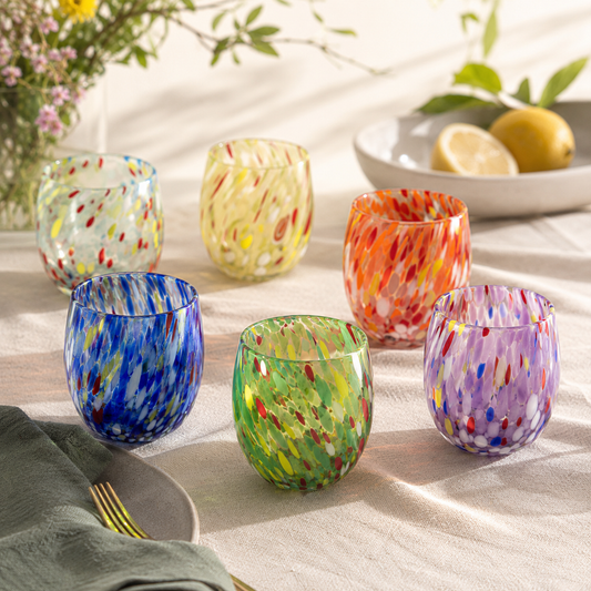 6 Bicchieri Acqua Big Colombina in Vetro Soffiati e Lavorati a Mano con Murrine di Murano, linea “I Colori di Murano” 435 ml. Made in Italy
