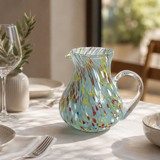 1 Caraffa Colombina in Vetro Soffiata e Lavorata a Mano con Murrine di Murano, linea “I Colori di Murano” 1000 ml. Made in Italy