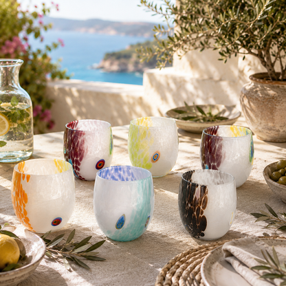 6 Bicchieri Acqua Light in Vetro Soffiati e Lavorati a Mano con Murrine di Murano, linea “I Colori di Murano” 320 ml. Made in Italy