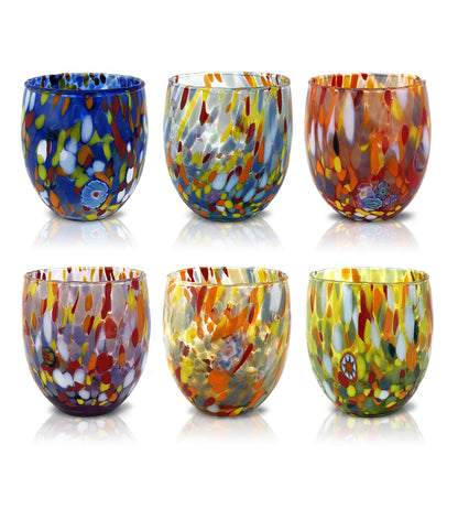 6 Bicchieri Acqua Classic in Vetro Soffiati e Lavorati a Mano con Murrine di Murano, linea “I Colori di Murano” 320 ml. Made in Italy