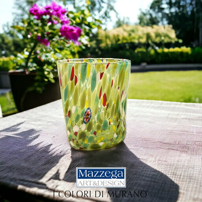 6 Bicchieri Tumbler Colombina in Vetro Soffiati e Lavorati a Mano con Murrine di Murano, linea “I Colori di Murano” 350 ml. Made in Italy