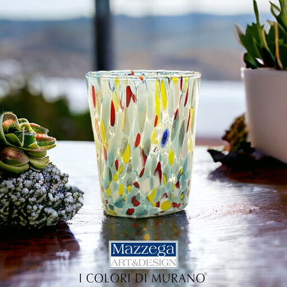 6 Bicchieri Tumbler Colombina in Vetro Soffiati e Lavorati a Mano con Murrine di Murano, linea “I Colori di Murano” 350 ml. Made in Italy