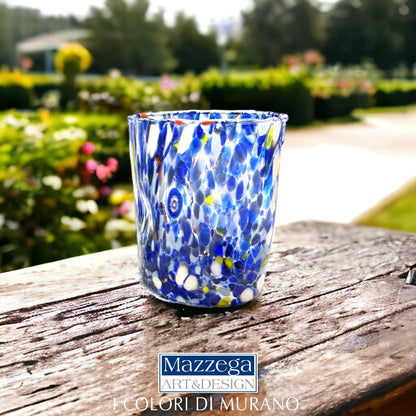 6 Bicchieri Tumbler Colombina in Vetro Soffiati e Lavorati a Mano con Murrine di Murano, linea “I Colori di Murano” 350 ml. Made in Italy