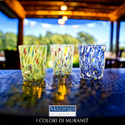 6 Bicchieri Tumbler Colombina in Vetro Soffiati e Lavorati a Mano con Murrine di Murano, linea “I Colori di Murano” 350 ml. Made in Italy