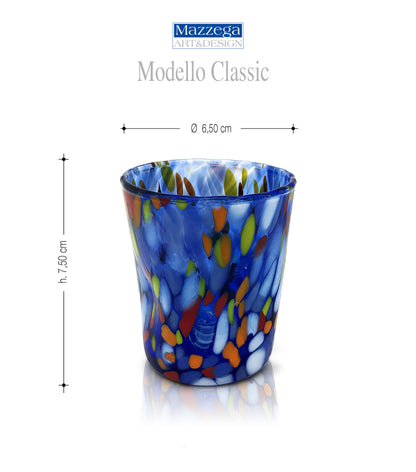 6 Bicchierini Liquore Avventurina Blu in Vetro Soffiati e Lavorati a Mano con Murrine di Murano, linea “I Colori di Murano” 140 ml. Made in Italy