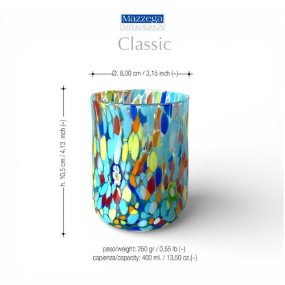 Bicchieri Cilindro Classic in Vetro Soffiati e Lavorati a Mano con Murrine di Murano, linea “I Colori di Murano” 400 ml. Made in Italy