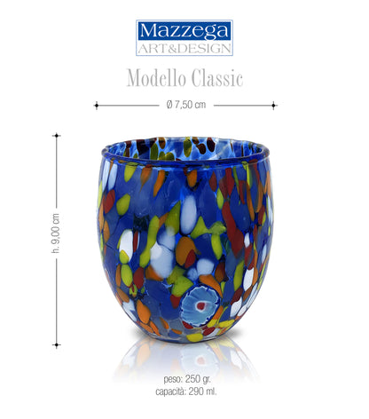 6 Bicchieri Acqua Classic in Vetro Soffiati e Lavorati a Mano con Murrine di Murano, linea “I Colori di Murano” 320 ml. Made in Italy