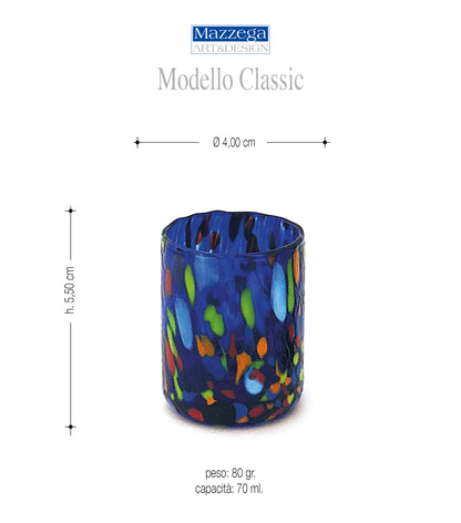 6 Bicchieri Shot Avventurina Blu in Vetro Soffiati e Lavorati a Mano con Murrine di Murano, linea “I Colori di Murano” 75 ml. Made in Italy