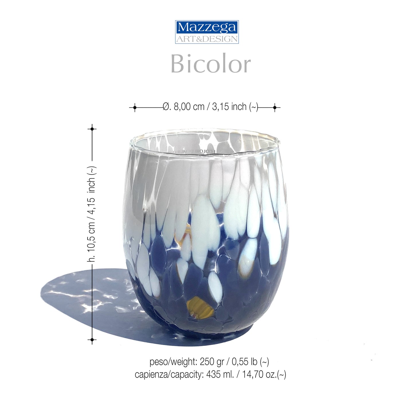6 Bicchieri Acqua Big Bicolor in Vetro Soffiati e Lavorati a Mano con Murrine di Murano, linea “I Colori di Murano” 435 ml. Made in Italy