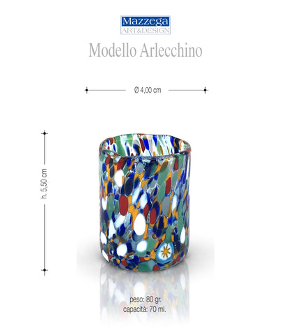Verres à tequila SHOT en verre soufflé et fait main avec Murrine Murano Les couleurs de Murano Modèle ARLECCHINO Fabriqué en Italie