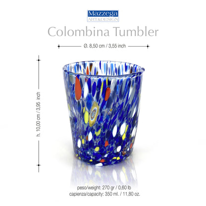 6 Bicchieri Tumbler Colombina in Vetro Soffiati e Lavorati a Mano con Murrine di Murano, linea “I Colori di Murano” 350 ml. Made in Italy