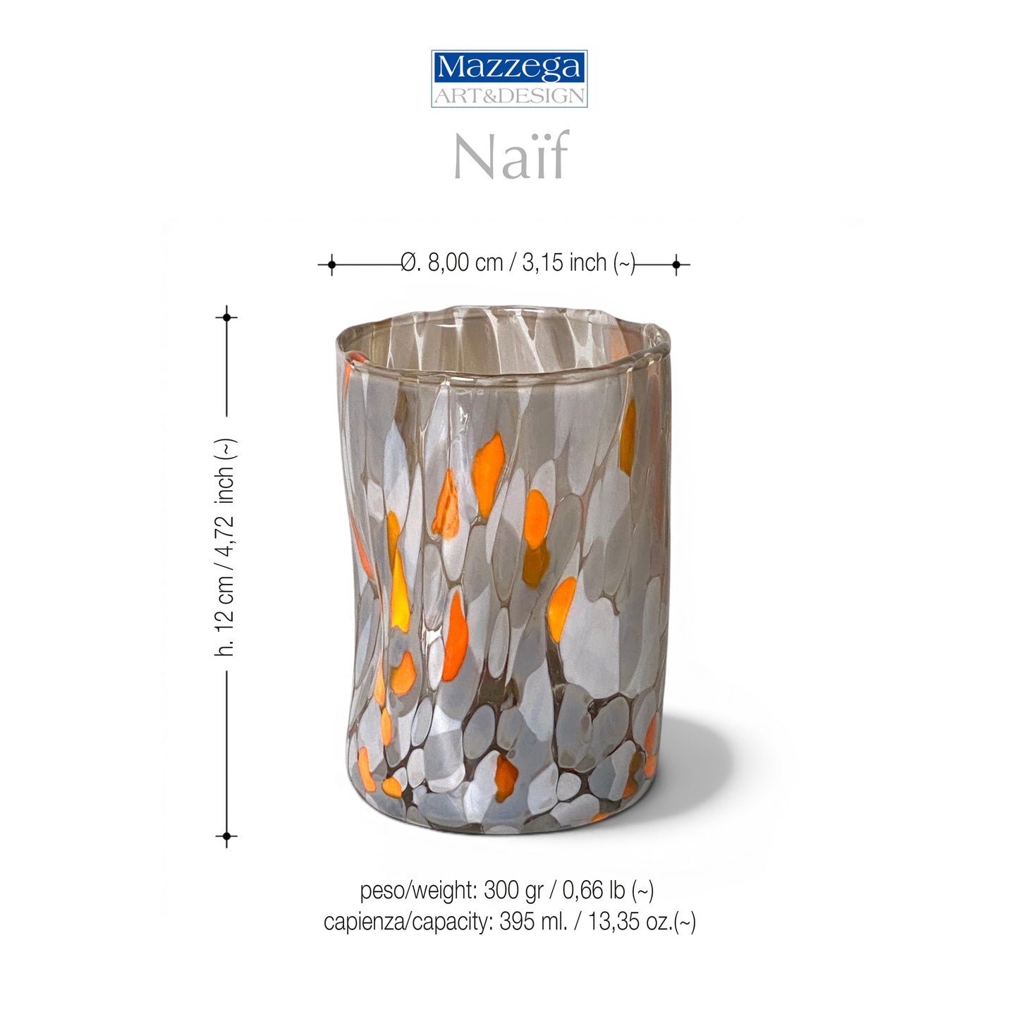 Bicchieri Tumbler Naif in Vetro Soffiati e Lavorati a Mano con Murrine di Murano, linea “I Colori di Murano” 395 ml. Made in Italy
