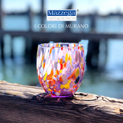 6 Bicchieri Acqua Classic in Vetro Soffiati e Lavorati a Mano con Murrine di Murano, linea “I Colori di Murano” 320 ml. Made in Italy