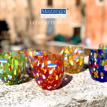 6 Bicchieri Acqua Classic in Vetro Soffiati e Lavorati a Mano con Murrine di Murano, linea “I Colori di Murano” 320 ml. Made in Italy