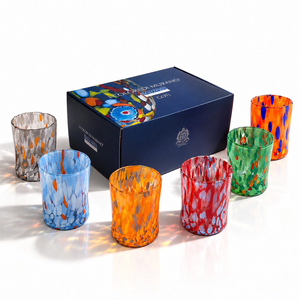 Bicchieri Tumbler Naif in Vetro Soffiati e Lavorati a Mano con Graniglie di Murano, linea “I Colori di Murano” 395 ml. Made in Italy