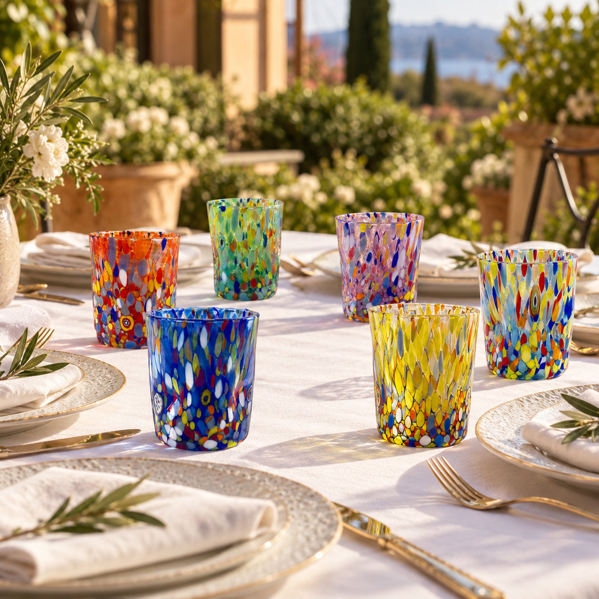 Bicchieri Tumbler Classic in Vetro Soffiati e Lavorati a Mano con Murrine di Murano, linea “I Colori di Murano” 350 ml. Made in Italy