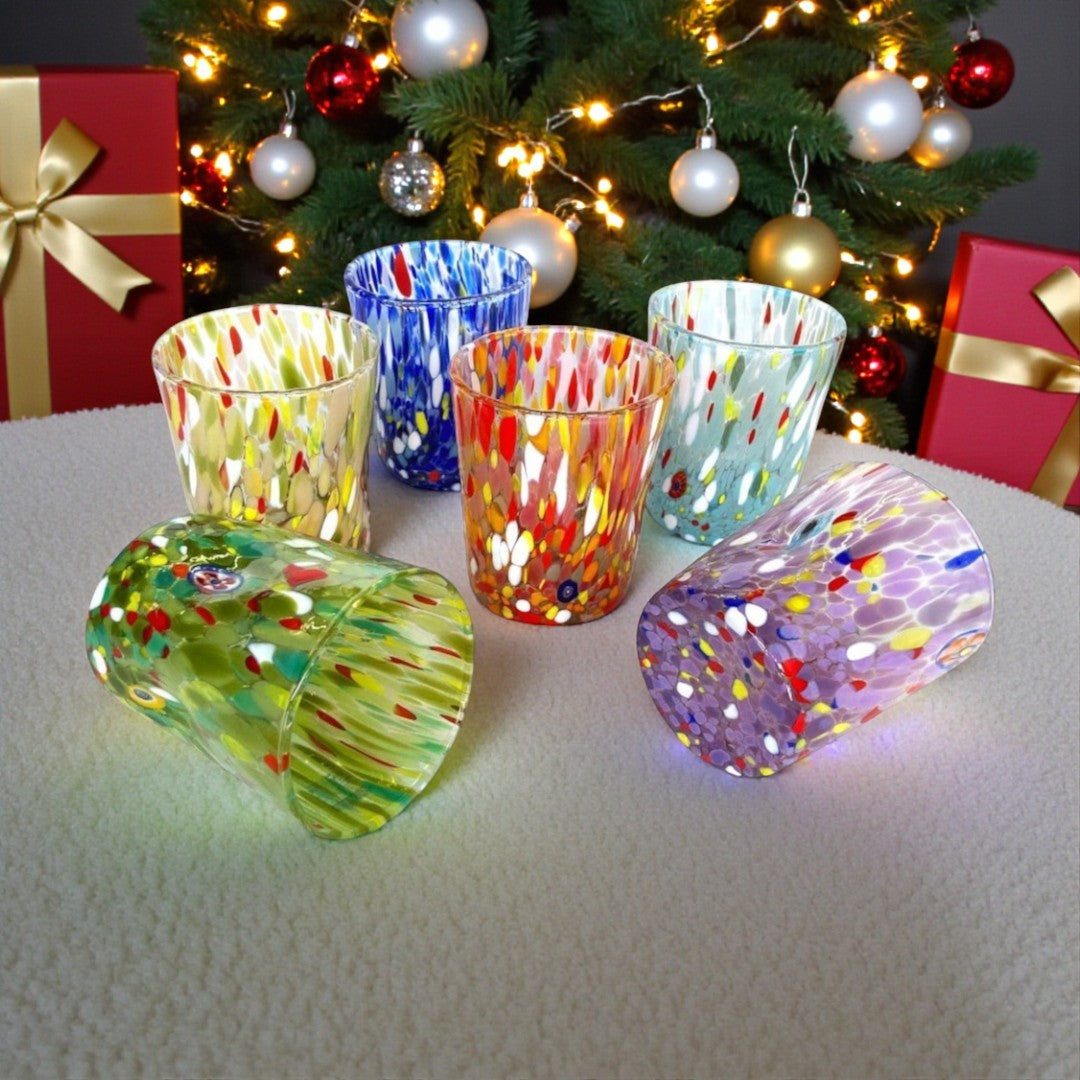 6 Bicchieri Tumbler Colombina in Vetro Soffiati e Lavorati a Mano con Murrine di Murano, linea “I Colori di Murano” 350 ml. Made in Italy