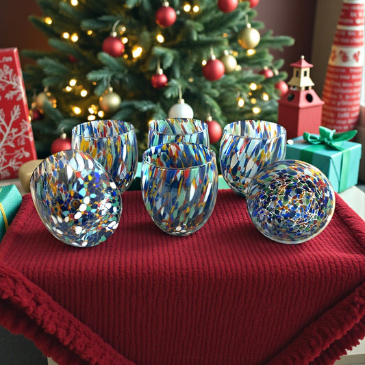 6 Bicchieri Acqua Arlecchino in Vetro Soffiati e Lavorati a Mano con Murrine di Murano, linea “I Colori di Murano” 320 ml. Made in Italy