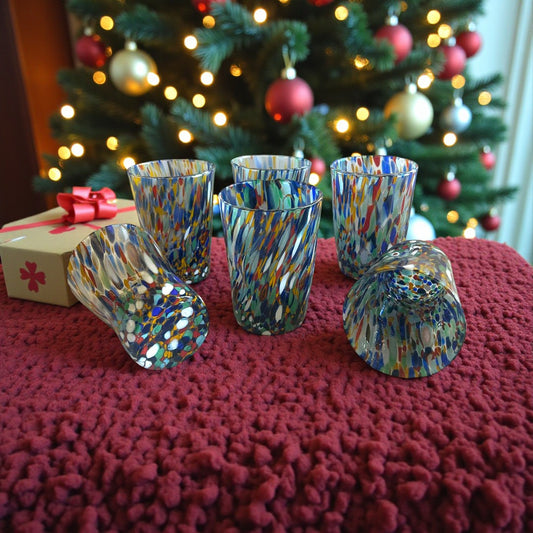 6 Bicchieri da Bibita Arlecchino in Vetro Soffiati e Lavorati a Mano con Murrine di Murano, linea “I Colori di Murano” 390 ml. Made in Italy