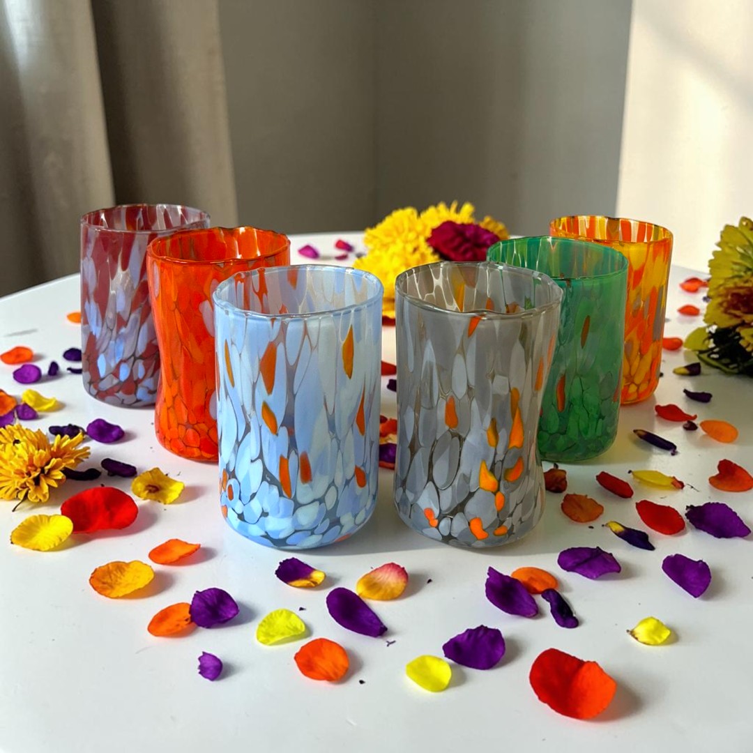 Bicchieri Tumbler Naif in Vetro Soffiati e Lavorati a Mano con Murrine di Murano, linea “I Colori di Murano” 395 ml. Made in Italy
