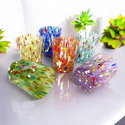 6 Bicchieri Tumbler Colombina in Vetro Soffiati e Lavorati a Mano con Murrine di Murano, linea “I Colori di Murano” 350 ml. Made in Italy