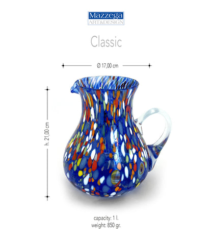 1 Caraffa Classic in Vetro Soffiata e Lavorata a Mano con Murrine di Murano, linea “I Colori di Murano” 1000 ml. Made in Italy